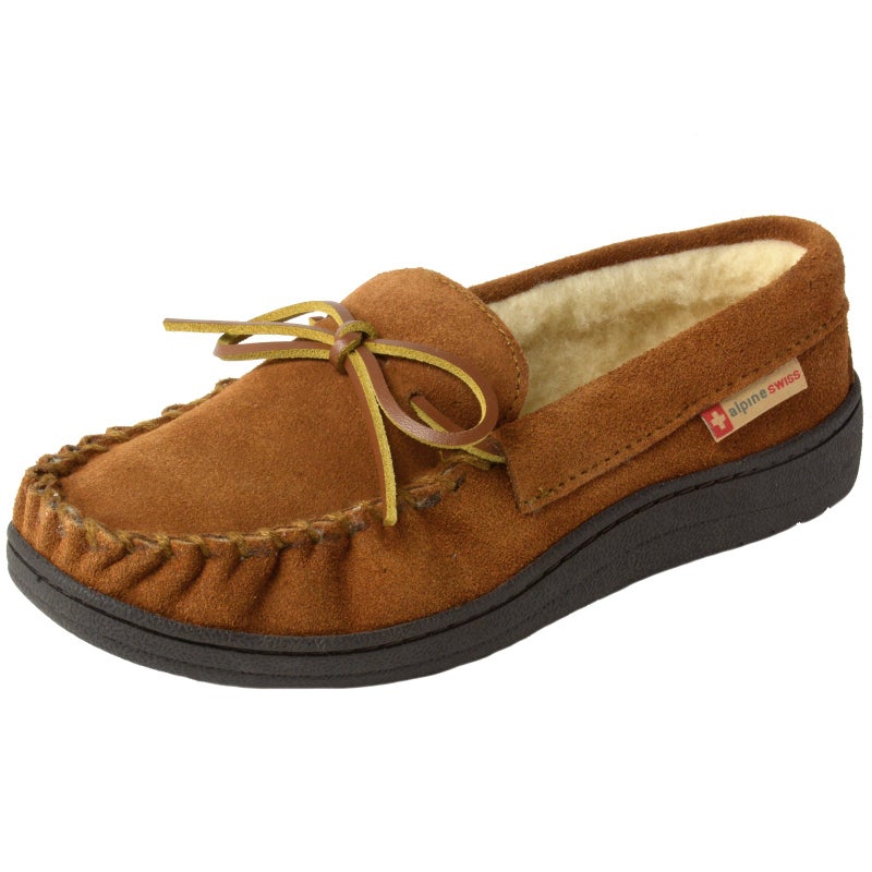 Alpine Swiss Sabine Womens Moccasin Slippers Genuine Suede House Shoe Memory Foam Insole Plush Faux Shearling Fur Indoor Outdoor Anti-Slip Rubber Sole CHST 9 - Image 1